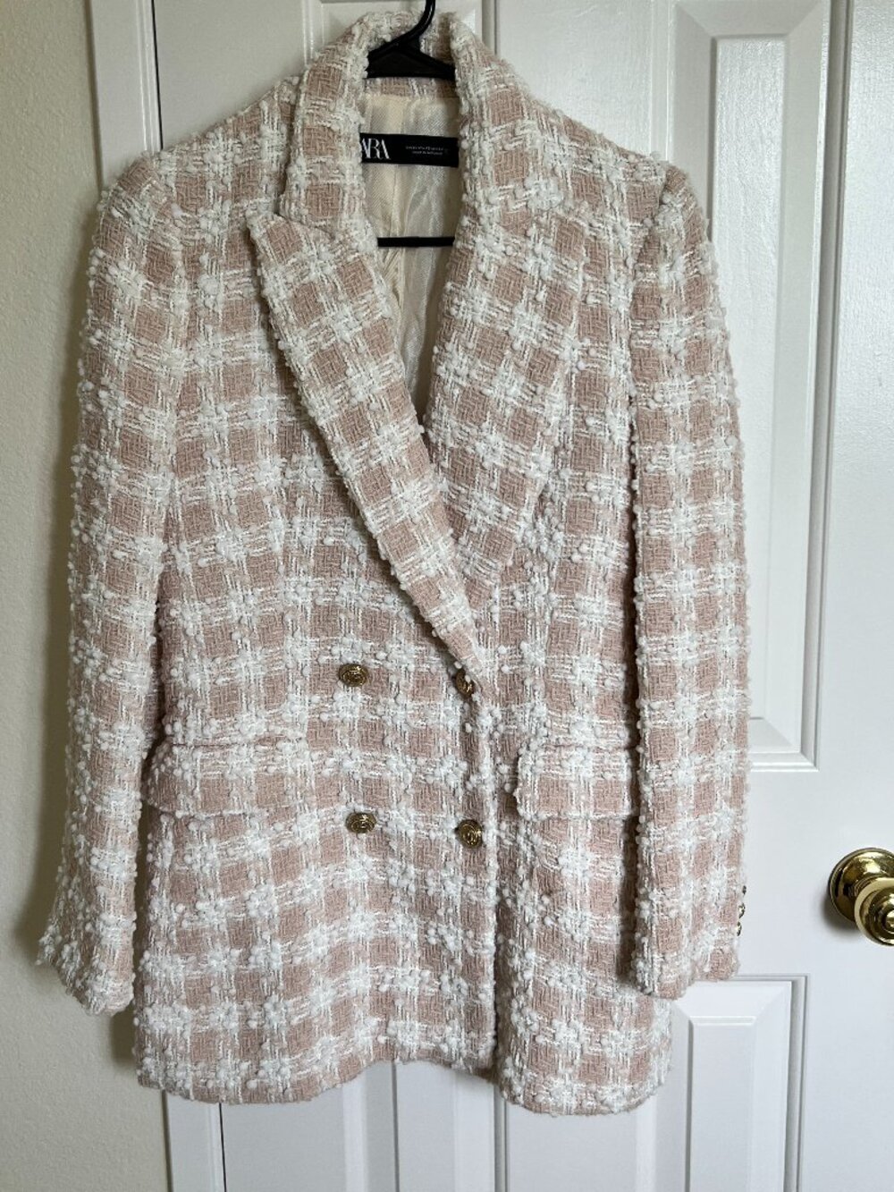 ZARA Women Tweed Double-Breasted Blazer 8415/706, Pale Pink & White, Size XS